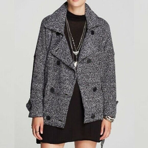 $169 Free People Slouchy Moto Jacket - Belted Trench Pea Coat Black Tweed SMALL - Picture 1 of 9